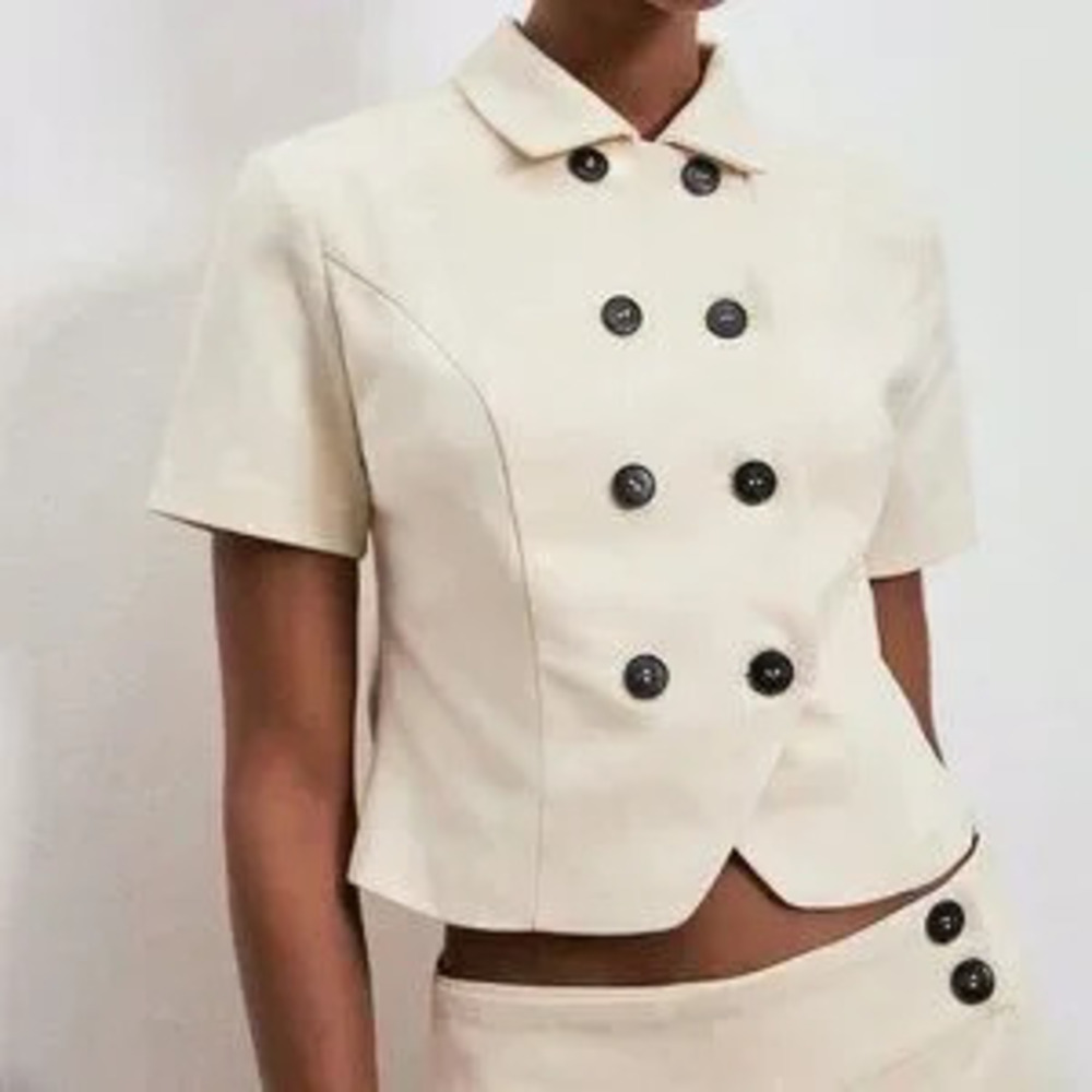 Khaki Casual Women's Short Sleeve Double-Breasted /Work Blazer